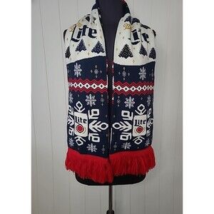 Miller Lite Beer Knit Holiday Scarf Ugly Christmas Sweater Theme w/ Reindeer